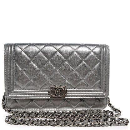 Chanel Metallic Calfskin Quilted Boy Wallet On Chain WOC Silver 1 of 8