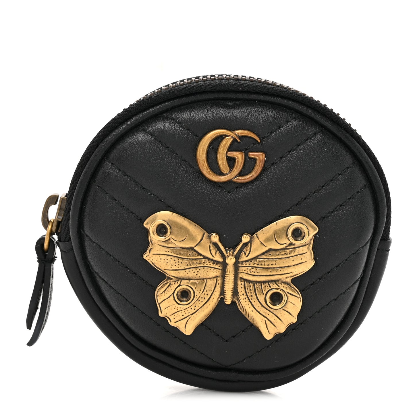 Calfskin Matelasse Animal Studs GG Marmont Round Wrist Wallet Black