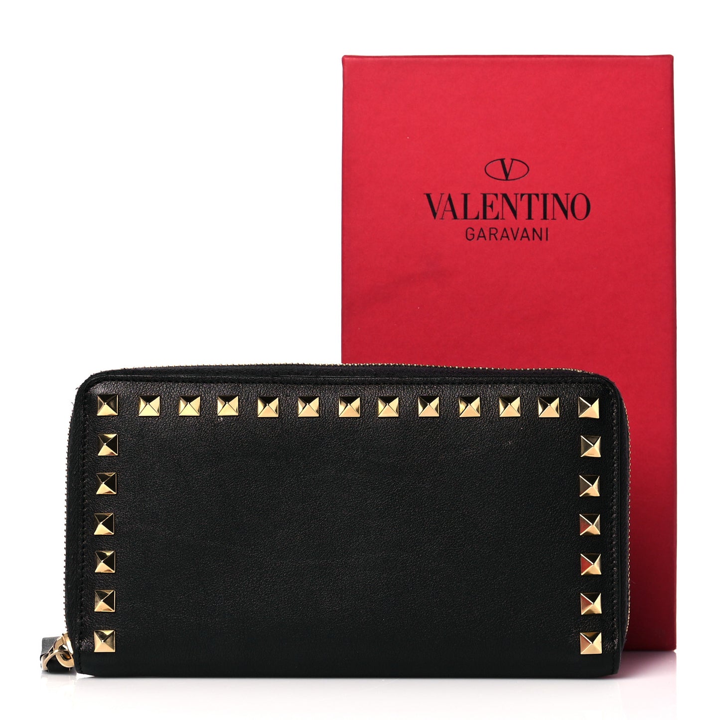 Calfskin Rockstud Zip Around Wallet Black