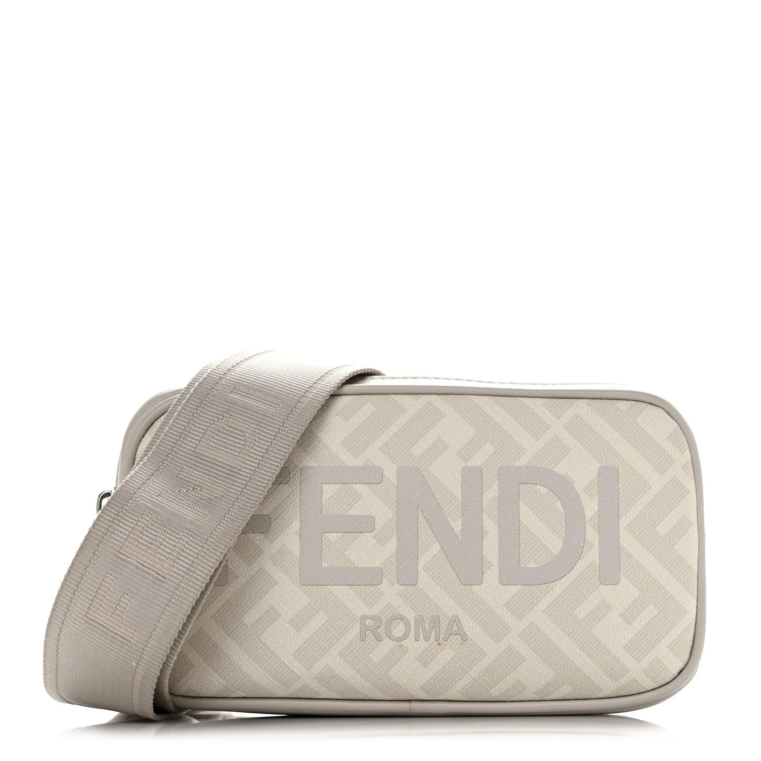 Fendi Shiny Glazed Fabric Vitello Cover FF 1974 Logo Small Camera Case Perla Ghiaia 1 of 13
