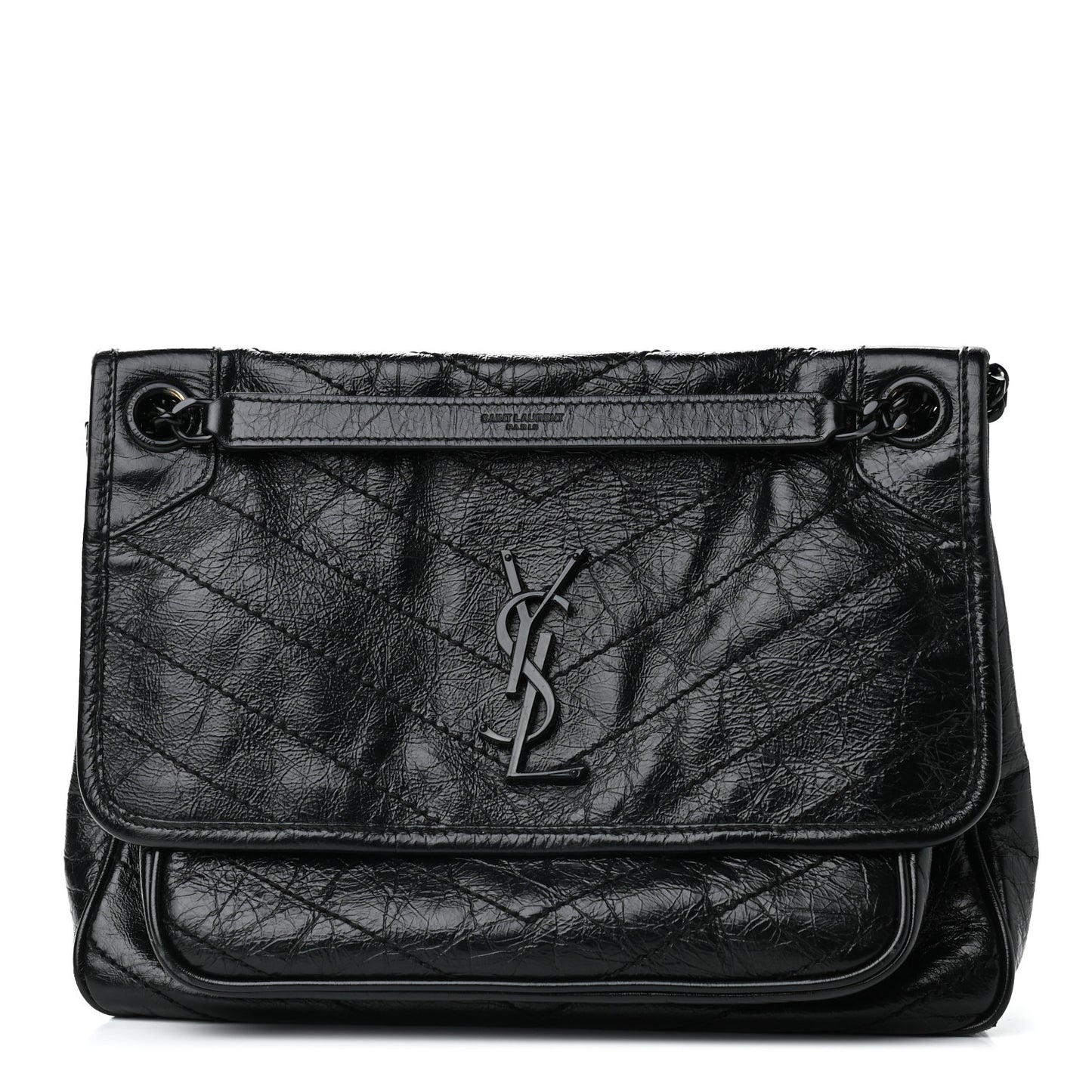 Crinkled Calfskin Matelasse Monogram Medium Niki Chain Satchel Black