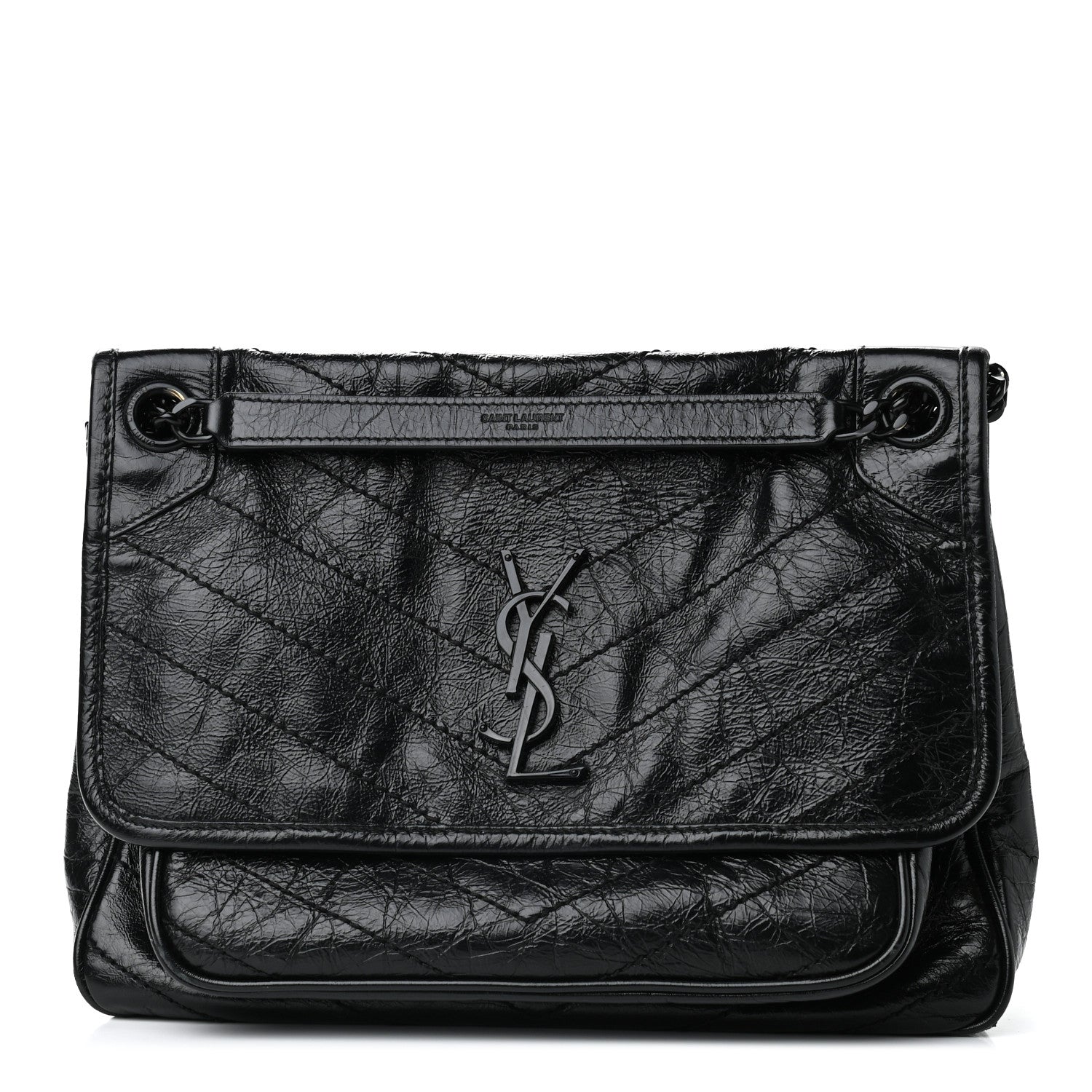 Saint Laurent Crinkled Calfskin Matelasse Monogram Medium Niki Chain Satchel Black 1 of 10