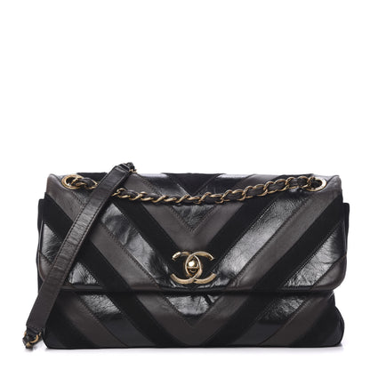 Chanel Suede Lambskin Glazed Calfskin Lady Vintage Chevron Flap Black Brown 1 of 16