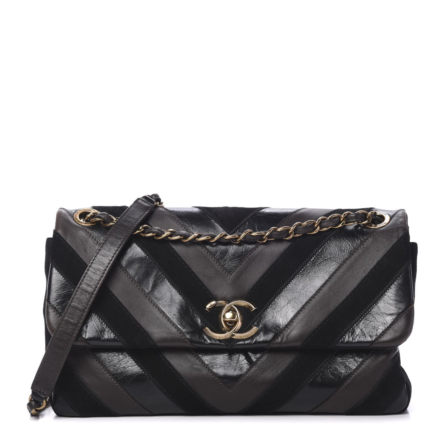 Suede Lambskin Glazed Calfskin Lady Vintage Chevron Flap Black Brown