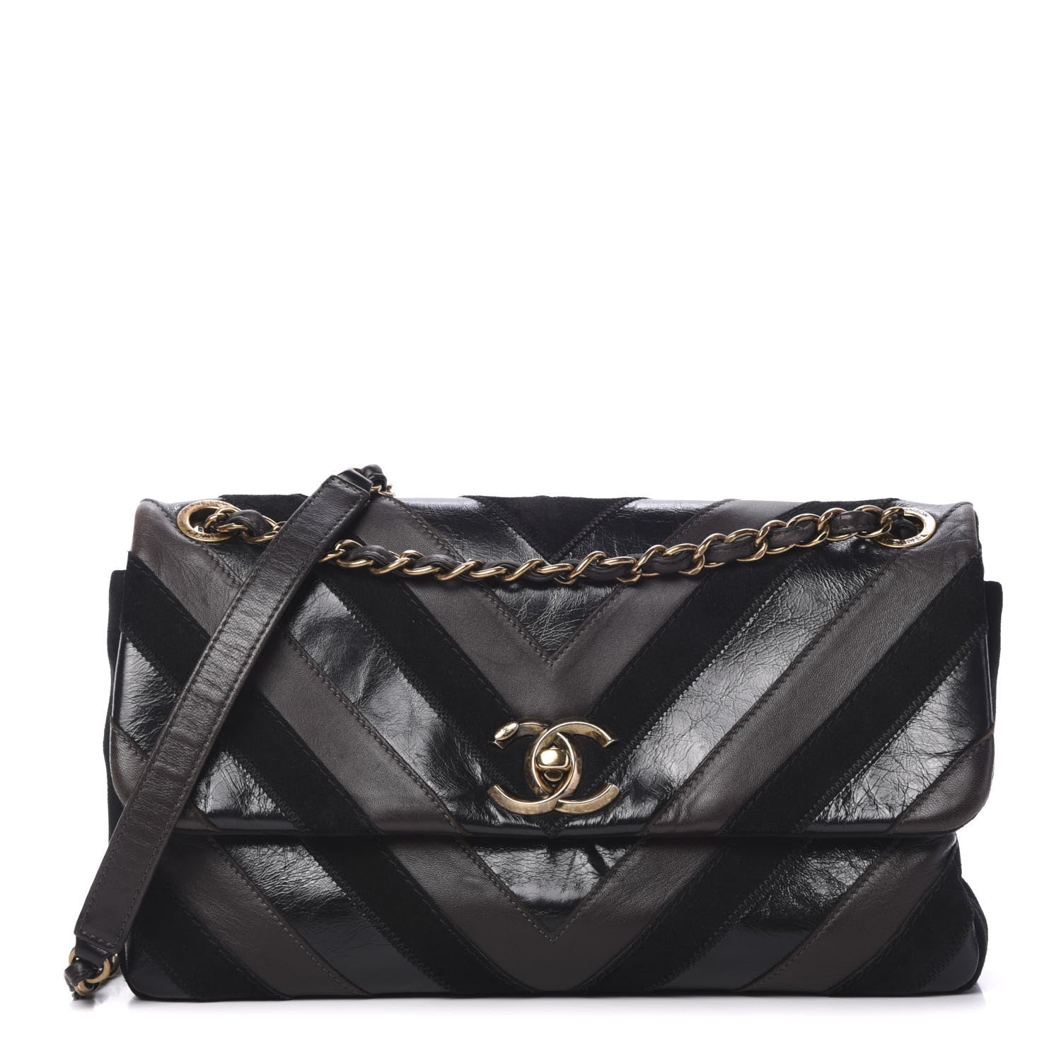 Chanel Suede Lambskin Glazed Calfskin Lady Vintage Chevron Flap Black Brown 1 of 16