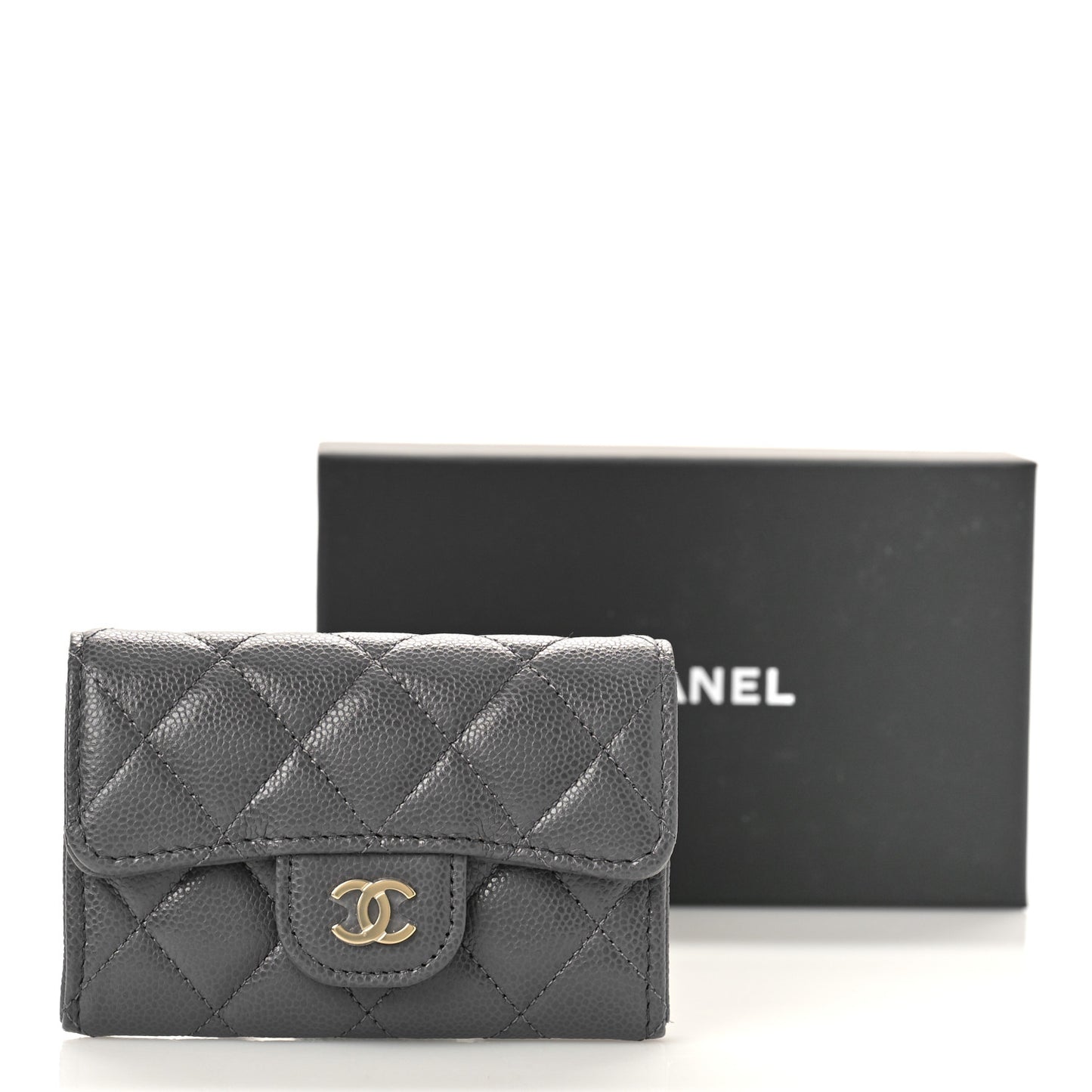 Caviar Quilted Flap Card Holder Wallet Dark Grey