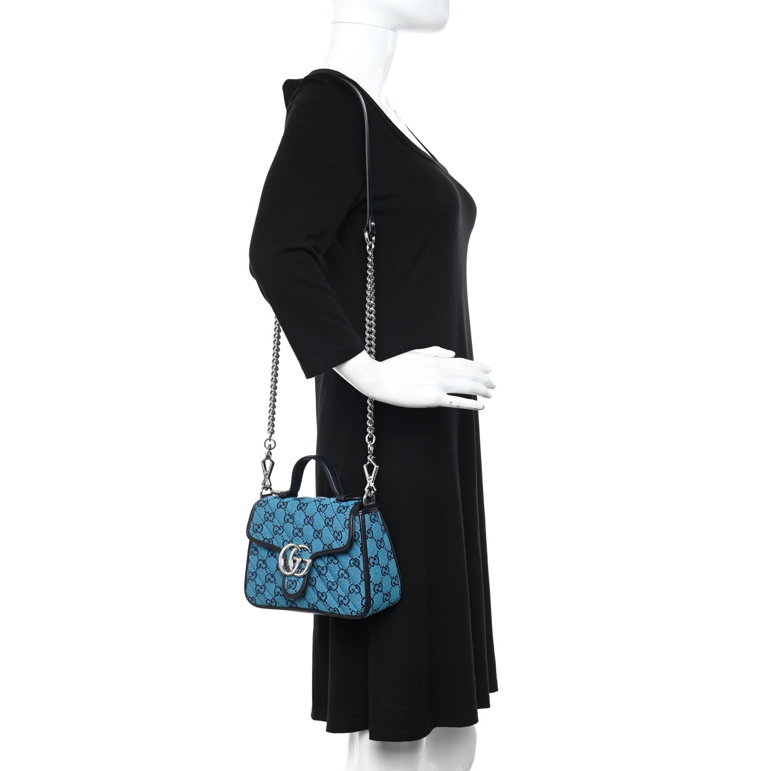 Gucci Monogram Multicolor Matelasse Diagonal Mini GG Marmont Top Handle Shoulder Bag Light Blue 2 of 12