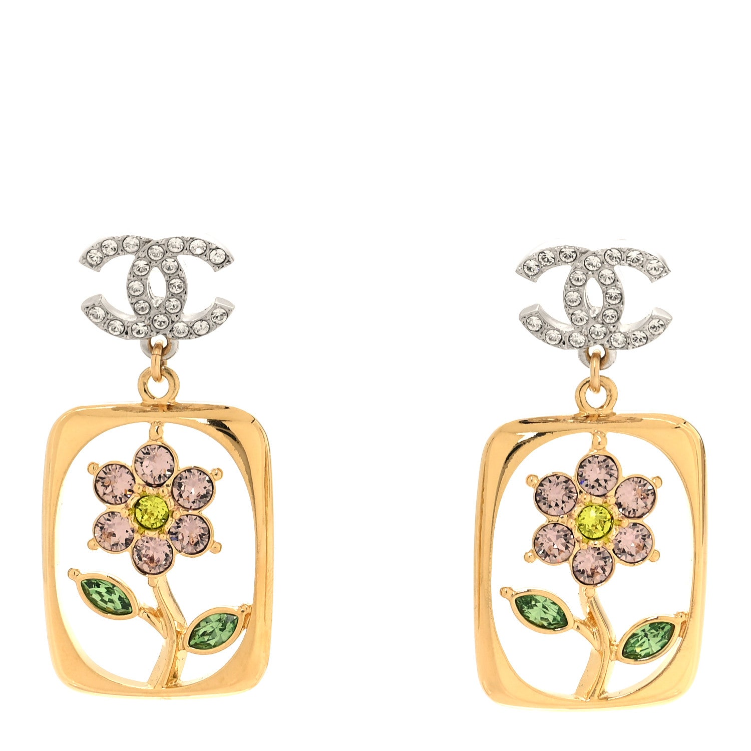 Chanel Crystal CC Flower Earrings Purple Green Gold Silver 1 of 5