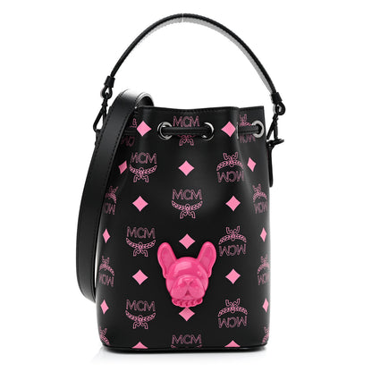 MCM Nappa Visetos Mini Pup Color Splash Drawstring Bag Black Pink 1 of 12