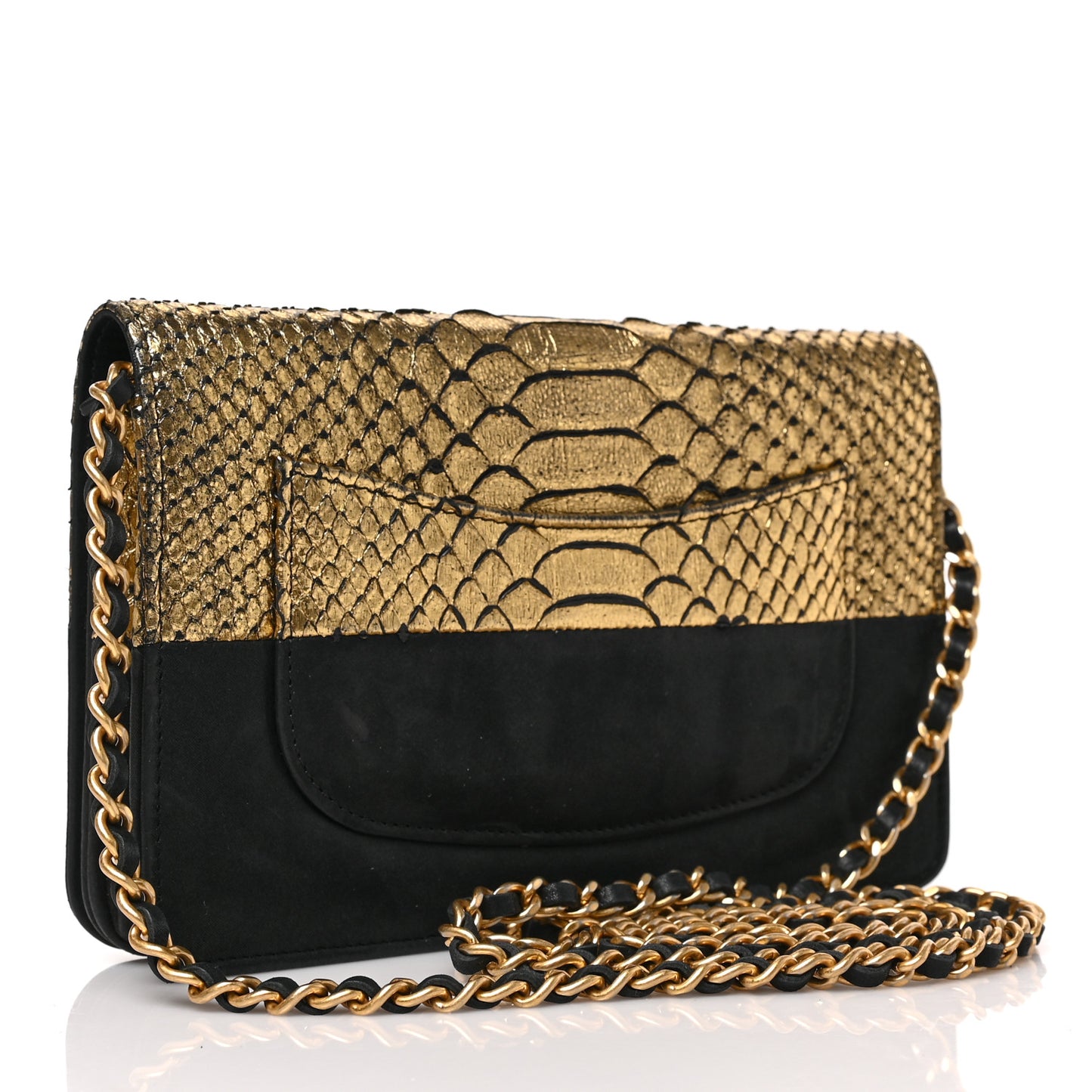 Snakeskin Iridescent Calfskin Wallet On Chain WOC Gold Black
