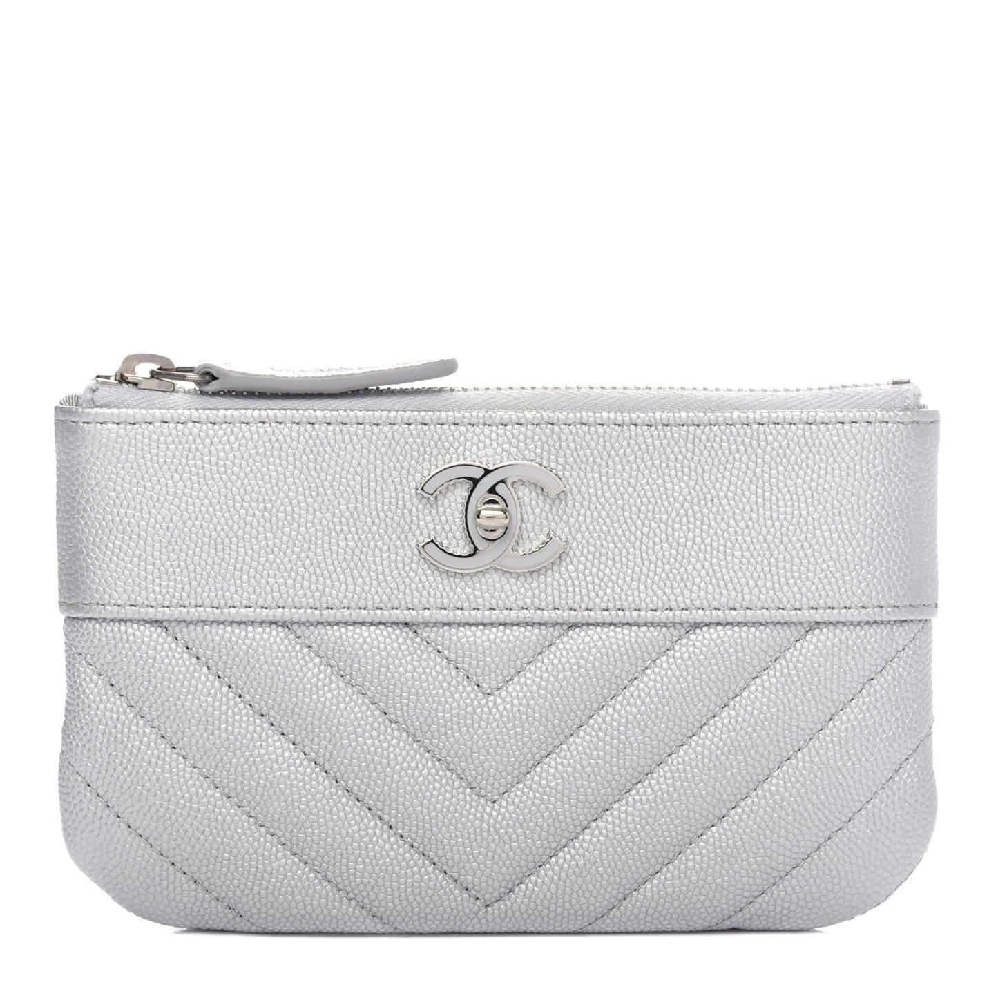 Metallic Caviar Chevron Quilted Small Vintage Mademoiselle Cosmetic Case Silver