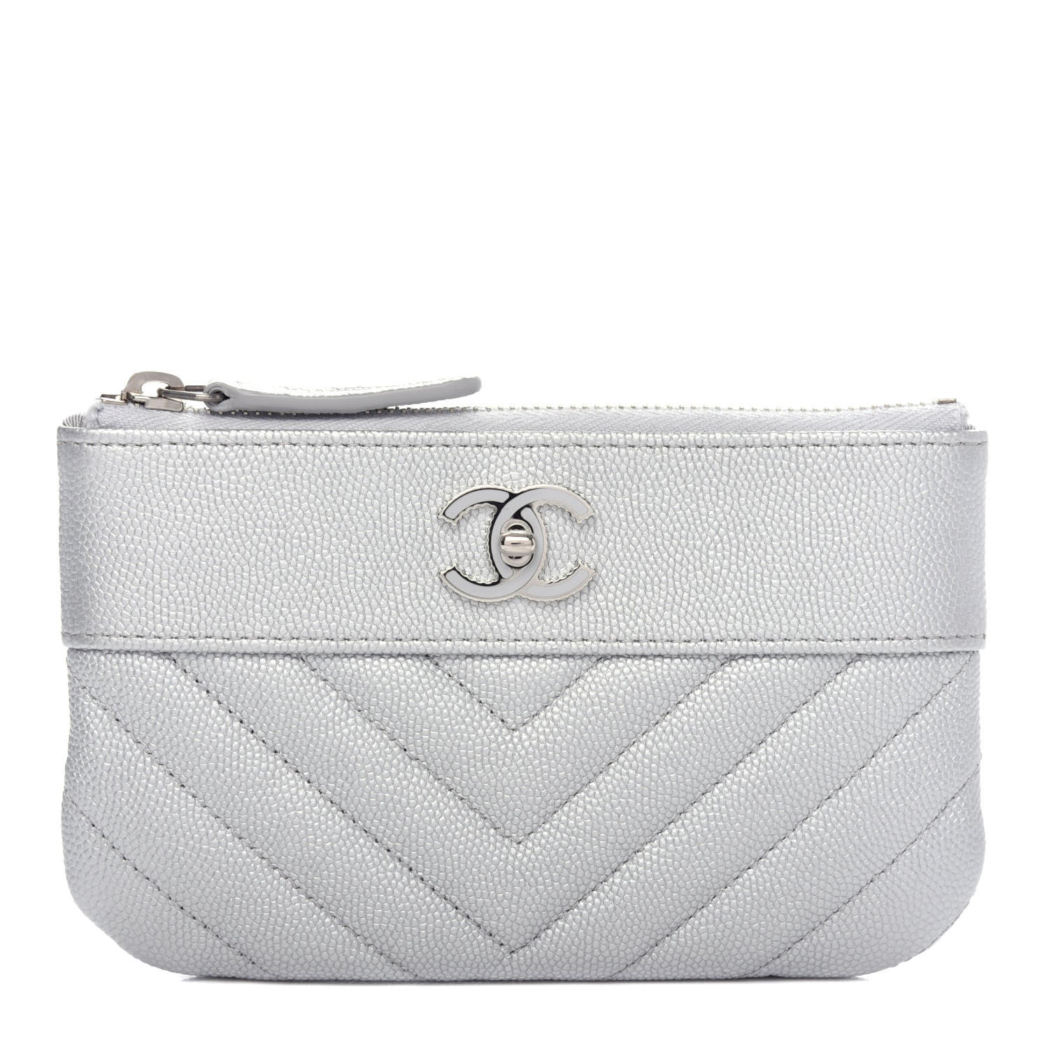 Chanel Metallic Caviar Chevron Quilted Small Vintage Mademoiselle Cosmetic Case Silver 1 of 8