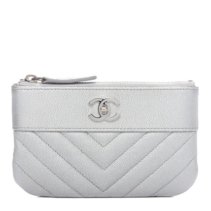 Chanel Metallic Caviar Chevron Quilted Small Vintage Mademoiselle Cosmetic Case Silver 1 of 8