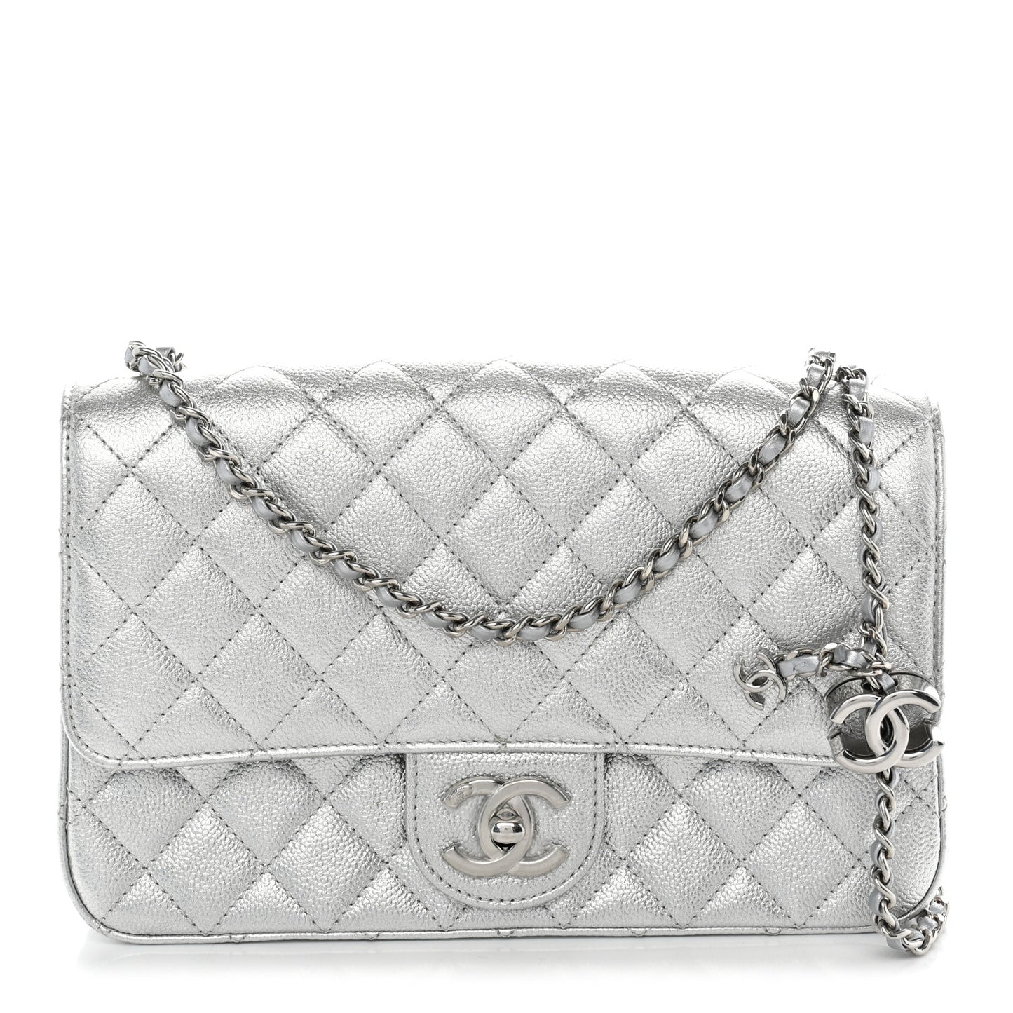 Metallic Caviar Quilted Medium CC Slide Flap Silver
