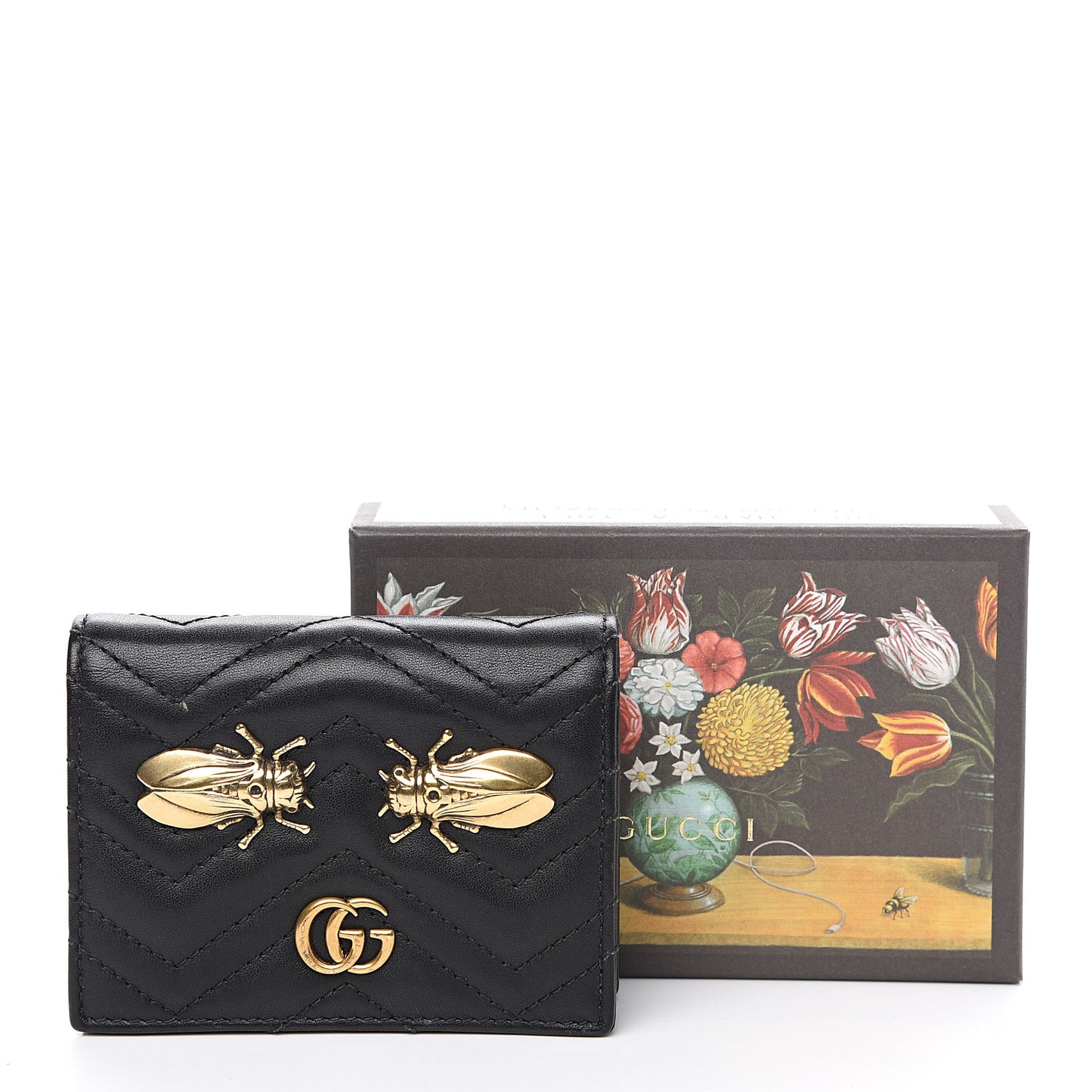 Calfskin Matelasse Cicada Stud GG Marmont Card Case Wallet Black