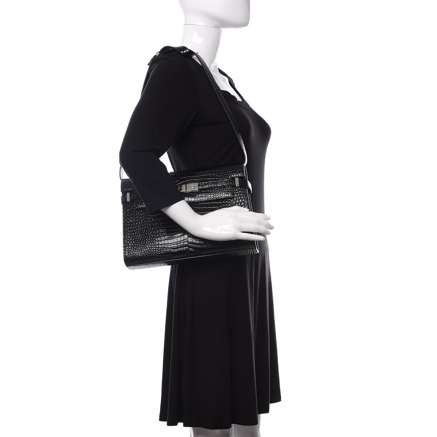 Shiny Calfskin Crocodile Embossed Manhattan Baguette Black