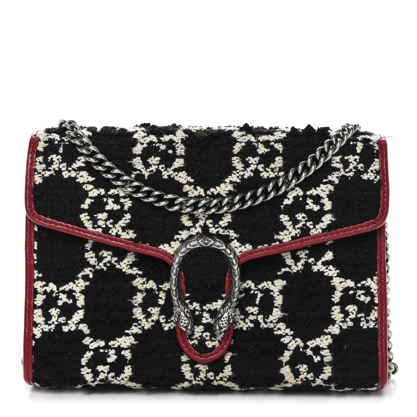 Tweed GG Monogram Mini Dionysus Chain Wallet Black White Romantic Cherry