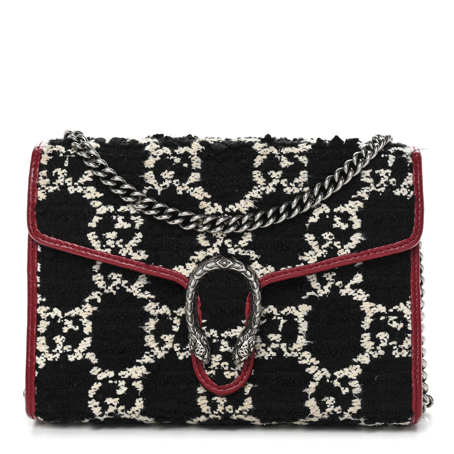 Gucci Tweed GG Monogram Mini Dionysus Chain Wallet Black White Romantic Cherry 1 of 11