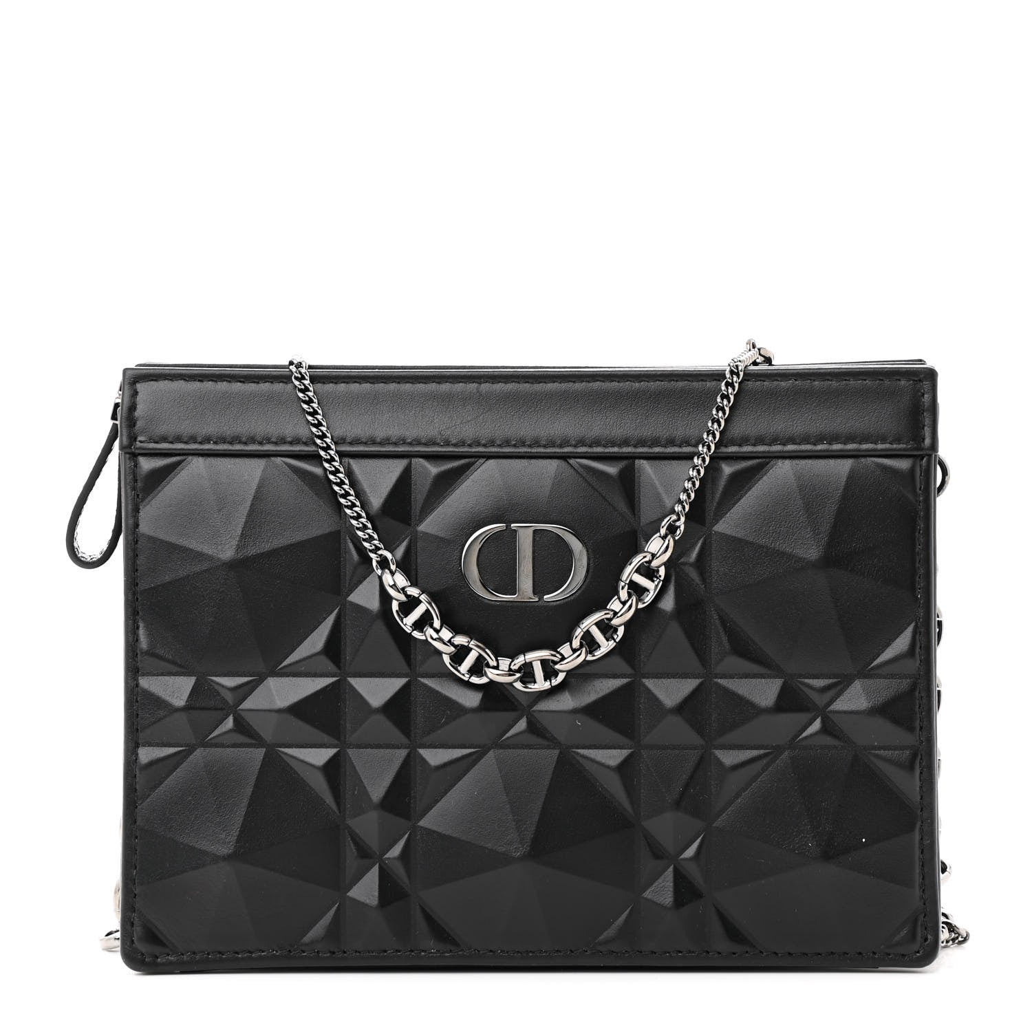 Christian Dior Calfskin Macrocannage Diamond Caro Zipped Pouch With Chain Black 1 of 11