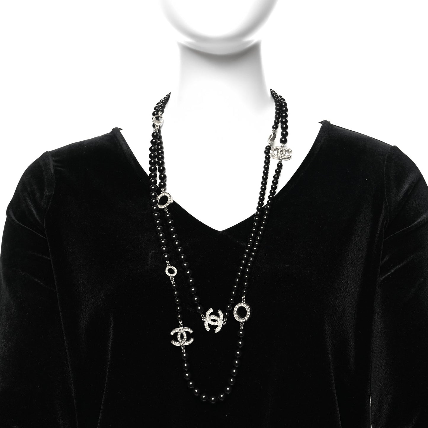 Ruthenium Crystal Baguette Pearl Beaded CC Long Necklace Black