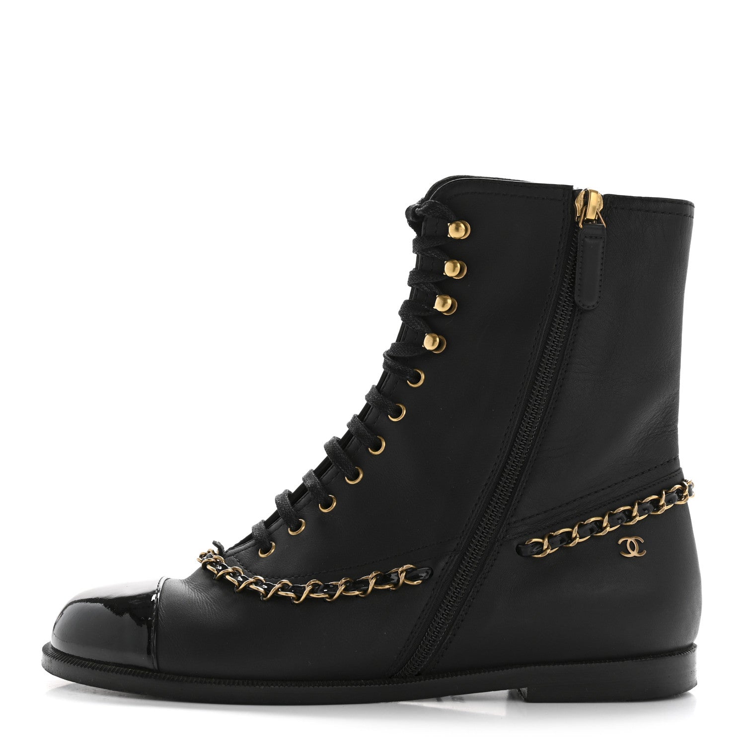 Chanel Calfskin Chain Lace Up Boots 36.5 Black 1 of 10