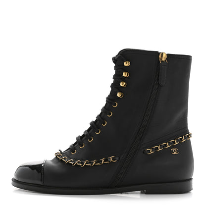 Chanel Calfskin Chain Lace Up Boots 36.5 Black 1 of 10