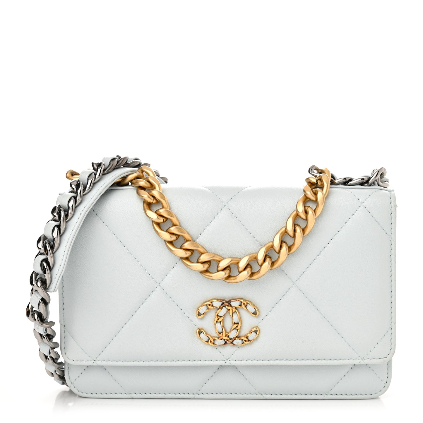 Lambskin Quilted Chanel 19 Wallet On Chain WOC Light Blue