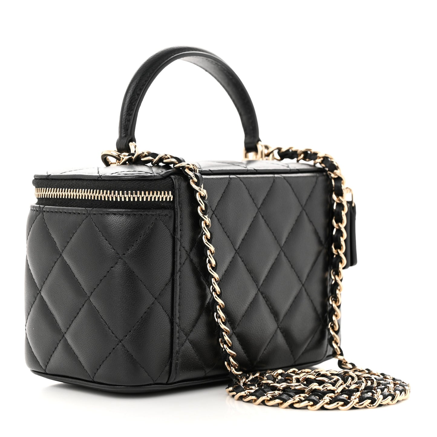 Lambskin Quilted Small Top Handle Vanity Case With Chain Black
