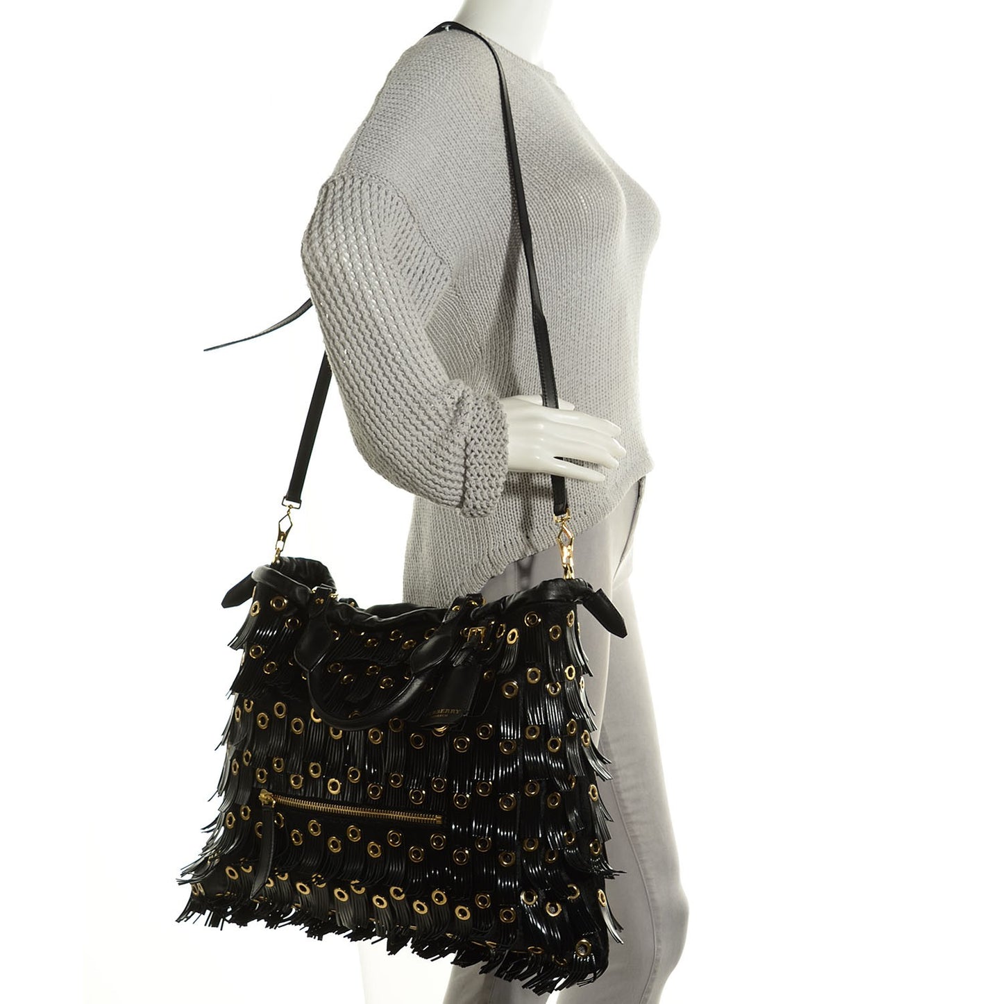 Calf Hair Patent Grommet Fringe Big Crush Tote Black