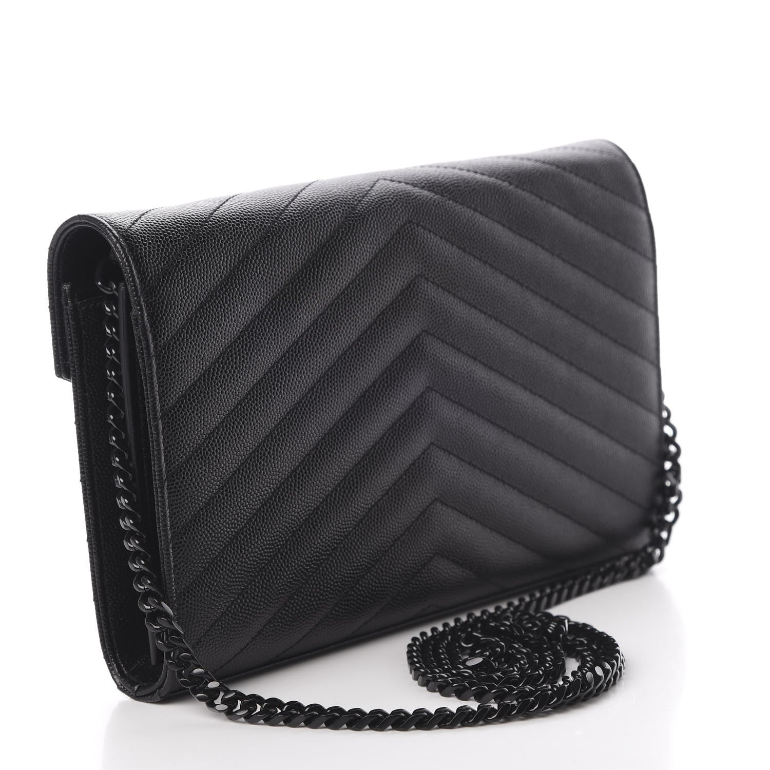 Saint Laurent Grain De Poudre Matelasse Chevron Monogram Chain Wallet Black 2 of 10