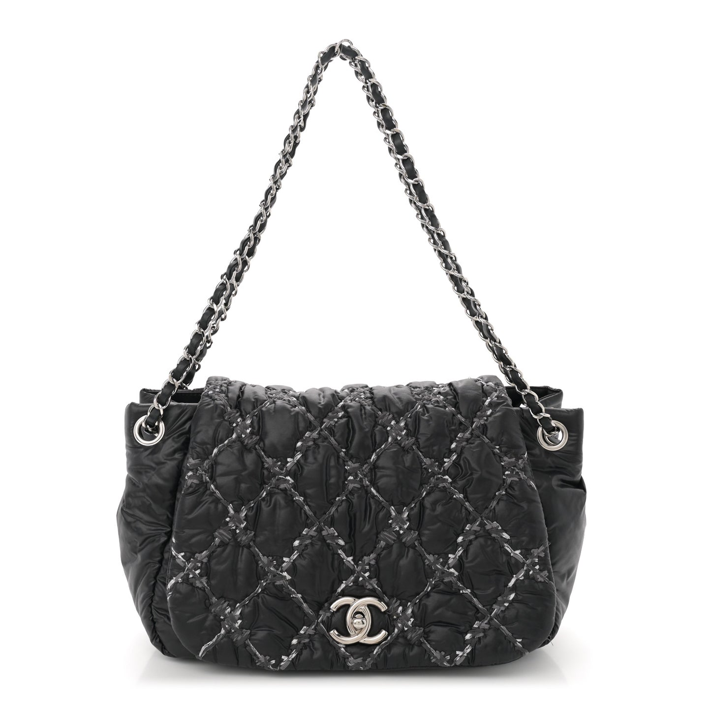 Nylon Quilted Tweed Stitch Bubble Accordion Flap Black