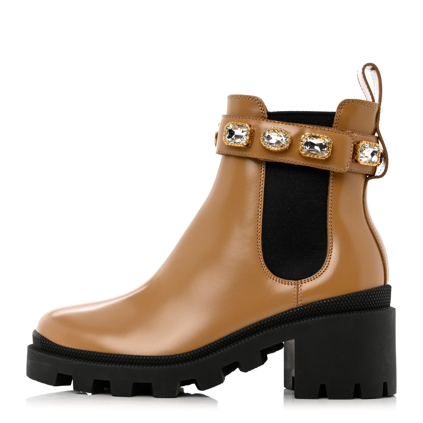 Calfskin Crystal GG Trip Chelsea Ankle Boots 35.5 Natural Tan