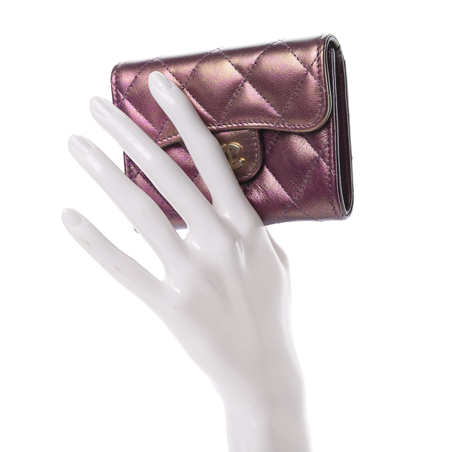 Iridescent Lambskin Quilted Flap Card Holder Purple