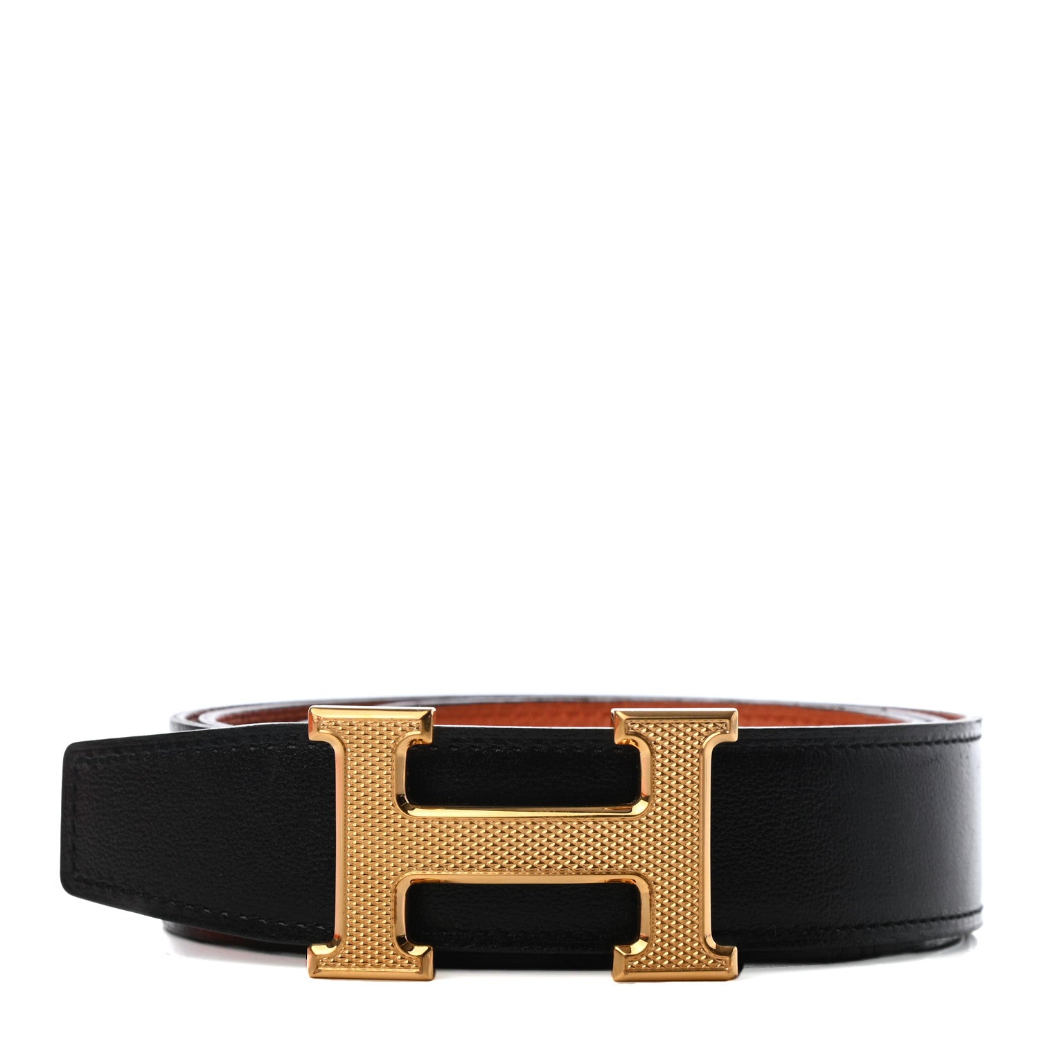 Hermes Box Togo 32mm Guilloche H Belt 90 Black Orange 1 of 8