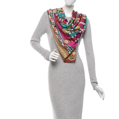 Hermes Cashmere Silk Colliers de Chiens Shawl 140 Fuchsia Turquoise Grenat 2 of 8