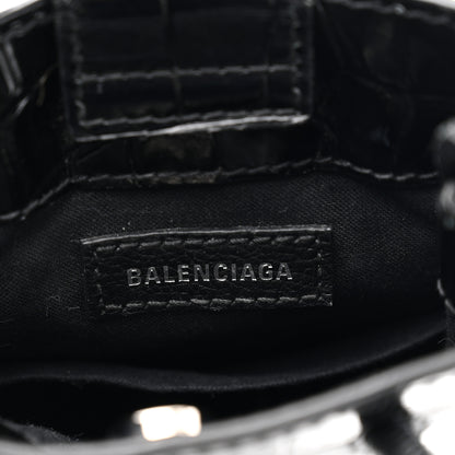 Balenciaga Calfskin Crocodile Embossed Logo Shopping Phone Holder Bag Black 6 of 9