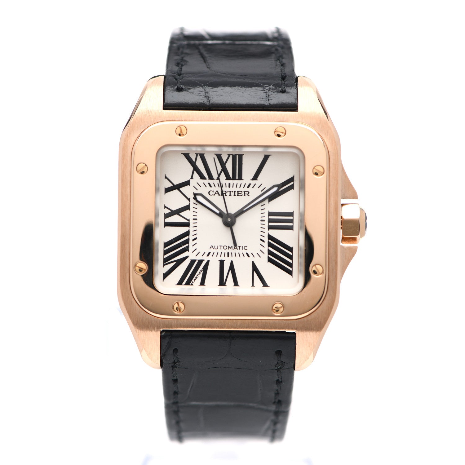 Cartier 18K Pink Gold Alligator 33mm Santos 100 Automatic Watch 1 of 4