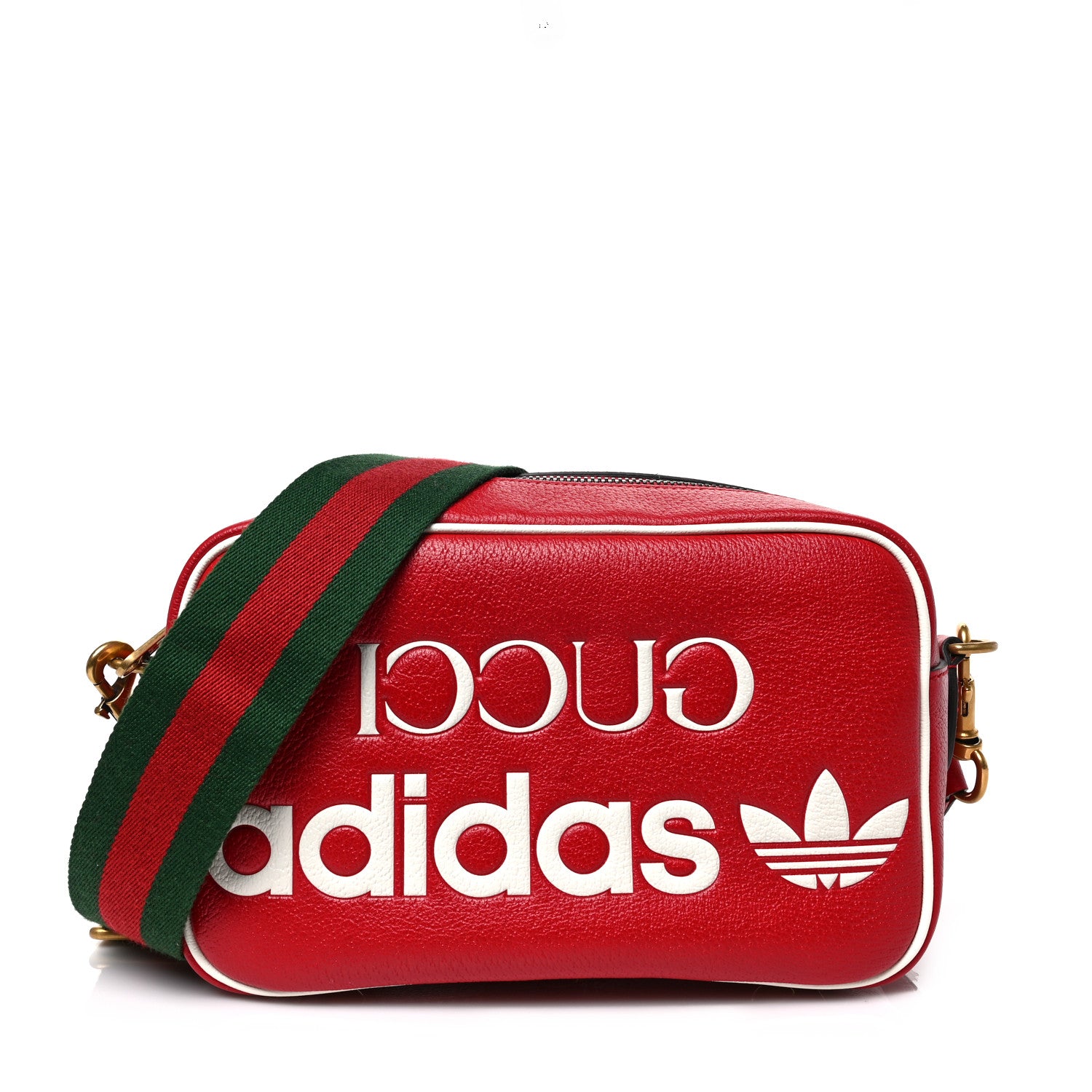 Gucci X ADIDAS Textured Dollar Calfskin Web Trefoil Logo Small Messenger Bag Hibiscus Red Off White 1 of 8