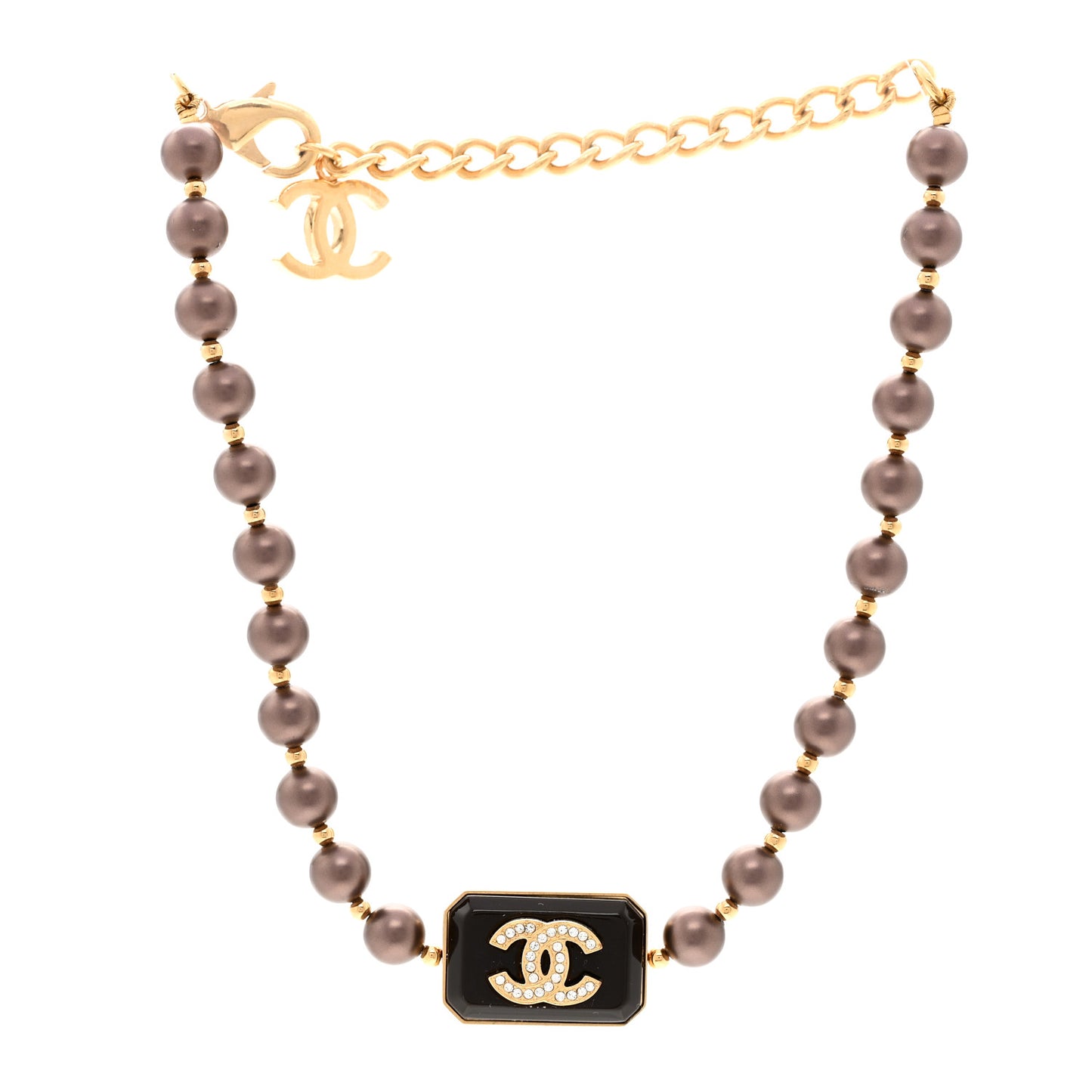 Pearl Crystal CC Choker Necklace Brown Gold