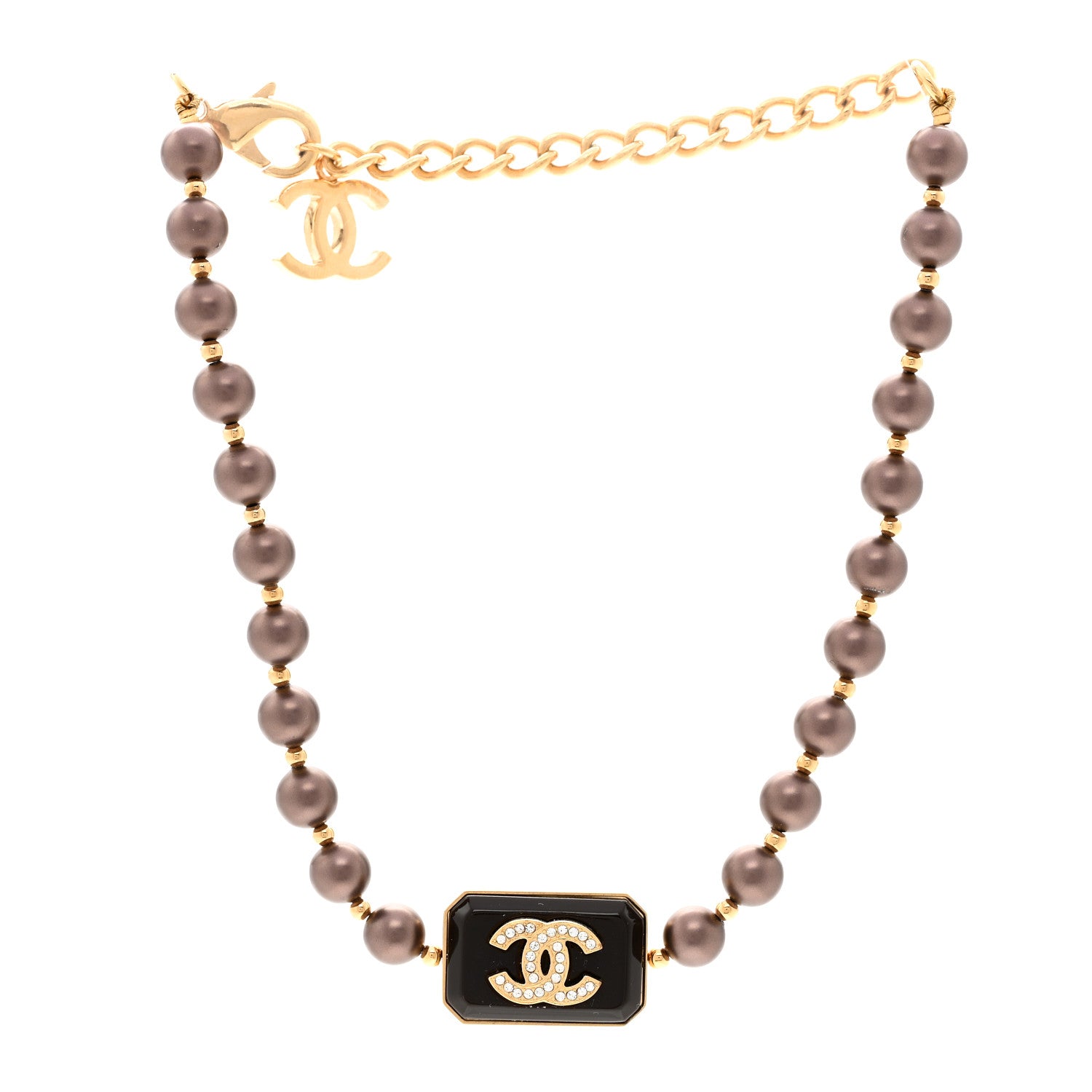 Chanel Pearl Crystal CC Choker Necklace Brown Gold 3 of 4