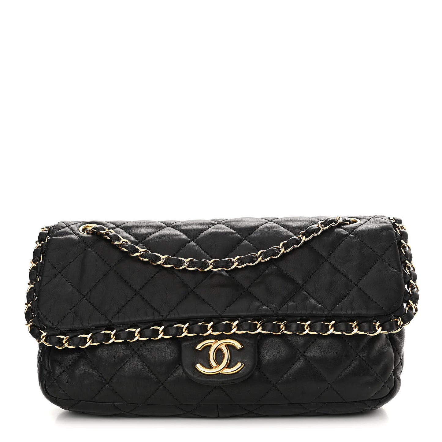 Crumpled Calfskin Quilted Large Chain All Over Flap Bag Black