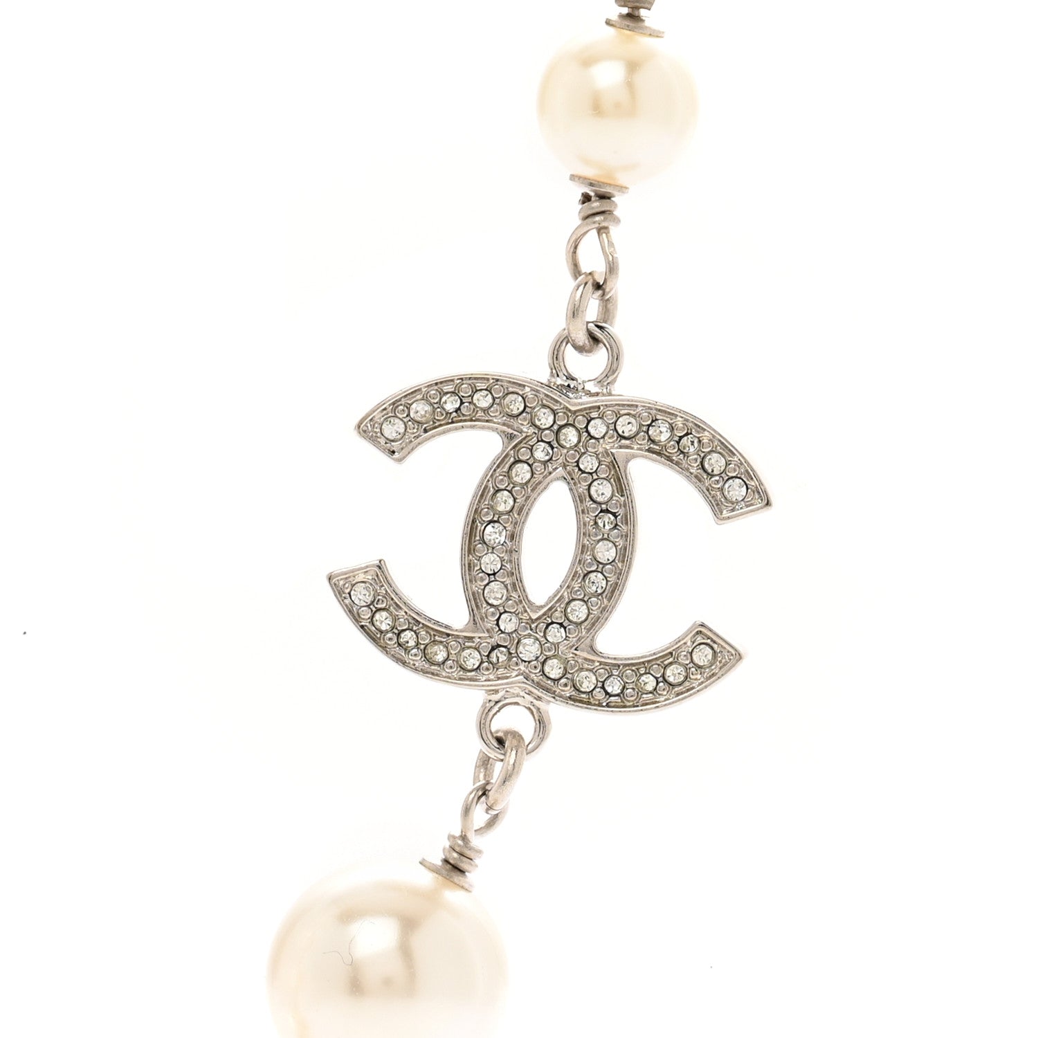 Chanel Graduated Pearl Crystal CC Long Necklace Silver 4 of 6