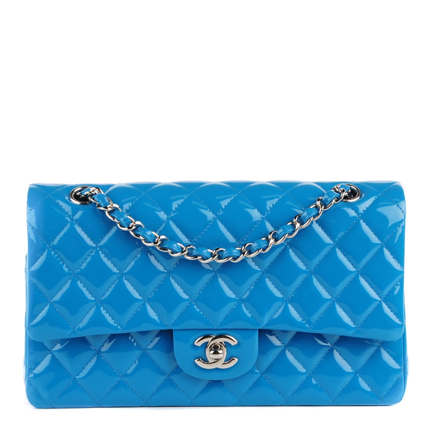 Patent Calfskin Quilted Medium Double Flap Turquoise