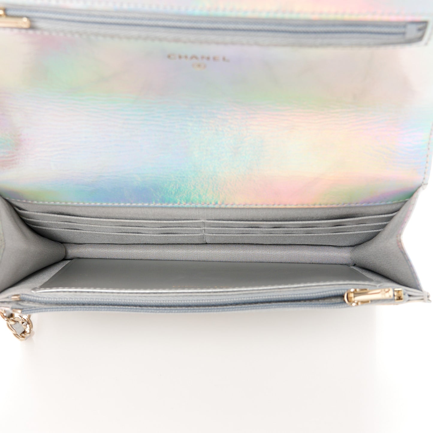 Iridescent Goatskin Quilted Wallet On Chain WOC Silver