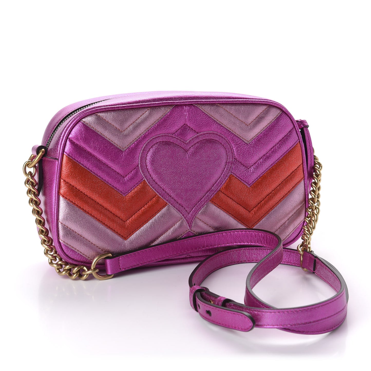 Laminated Nappa Matelasse Small GG Marmont Chain Shoulder Bag Fuxia Rosso Rosa