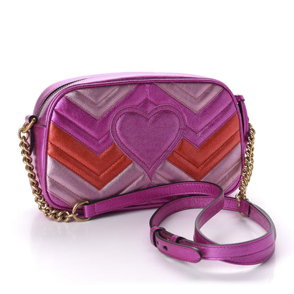Gucci Laminated Nappa Matelasse Small GG Marmont Chain Shoulder Bag Fuxia Rosso Rosa 2 of 10