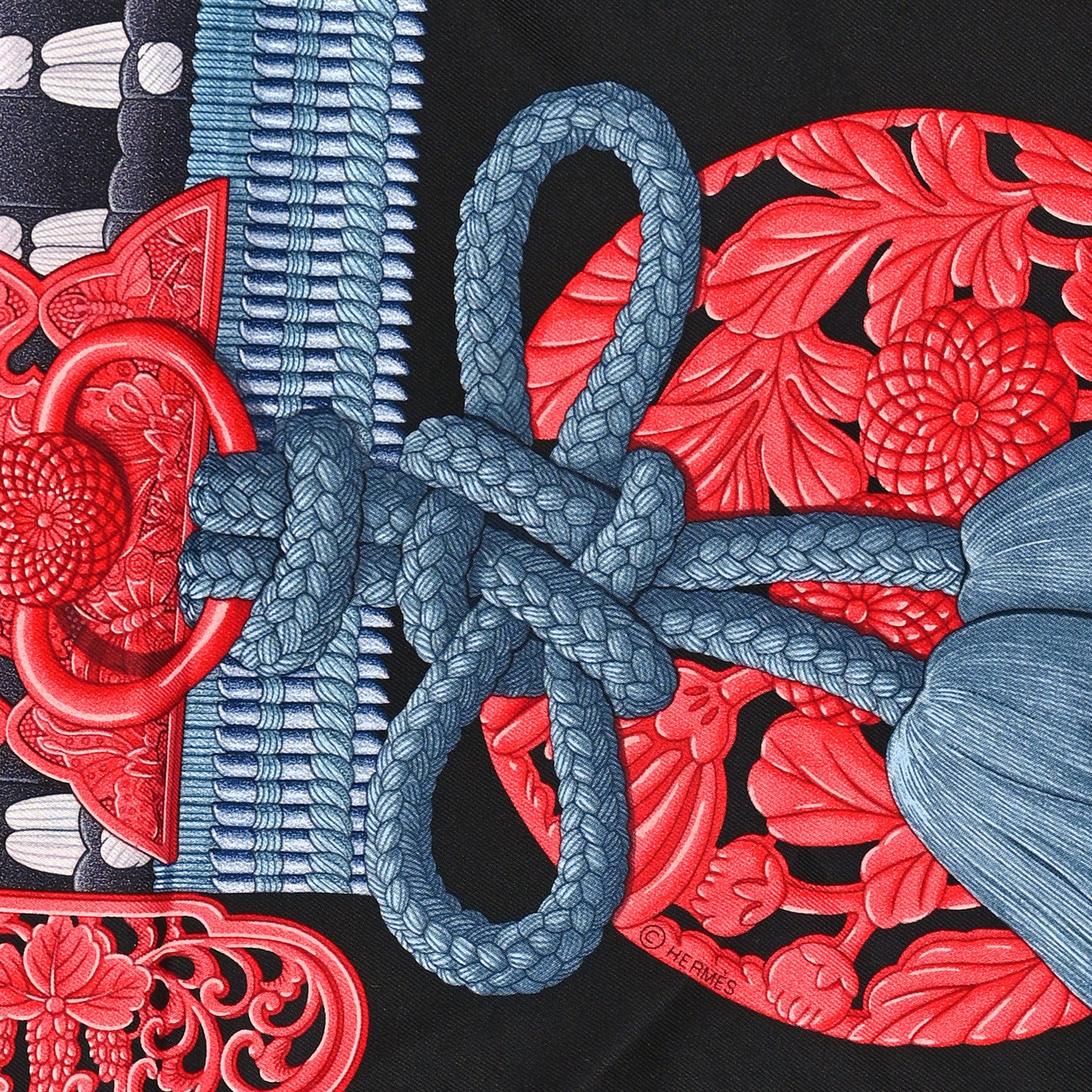 Silk Parures de Samouraïs Scarf 90 Black Rouge Blue Jean