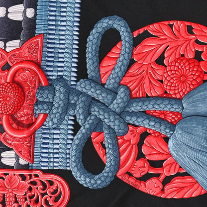Hermes Silk Parures de Samouraïs Scarf 90 Black Rouge Blue Jean 4 of 4
