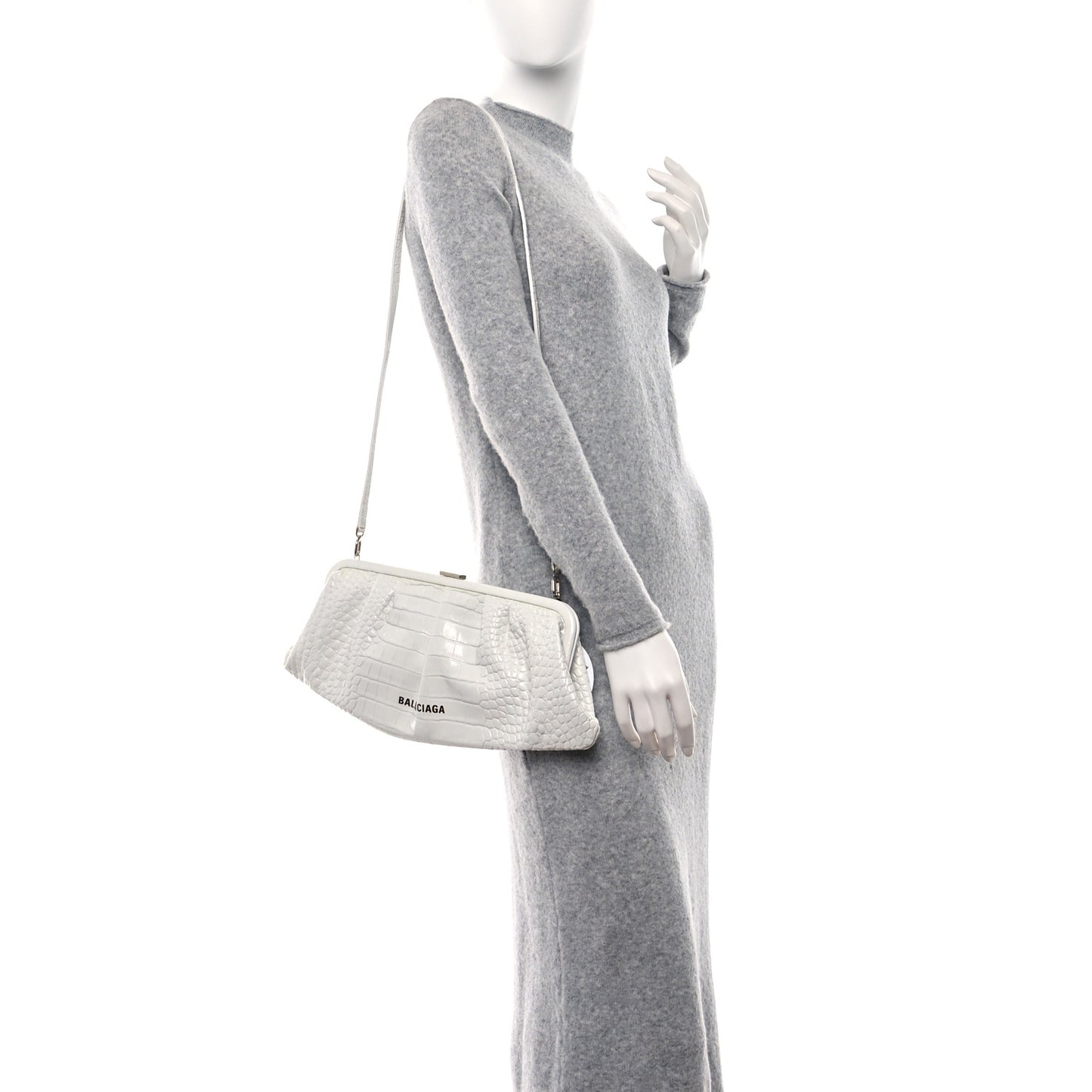 Shiny Supple Calfskin Logo Crocodile Embossed XL Cloud Clutch White