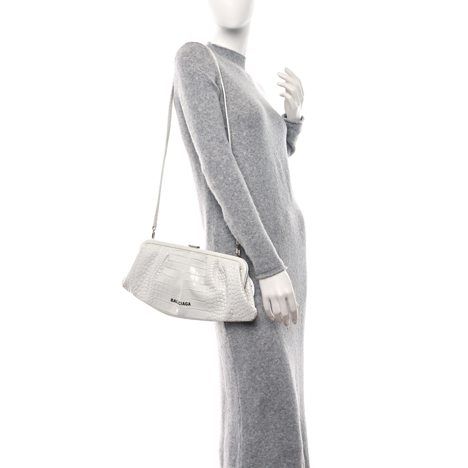 Balenciaga Shiny Supple Calfskin Logo Crocodile Embossed XL Cloud Clutch White 2 of 8